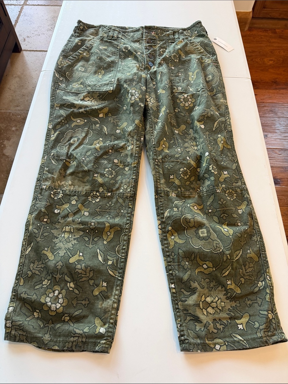 Anthropologie Olive Floral Cargo Utility Pants